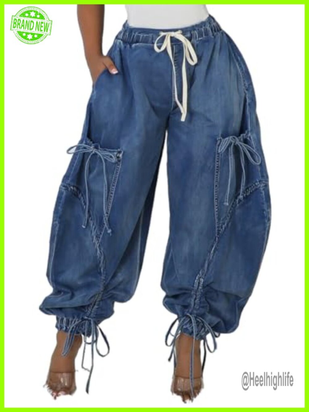 Baggy Cargo Jogger Jeans Drawstring Harem Balloon Denim Pants High Waisted Wide